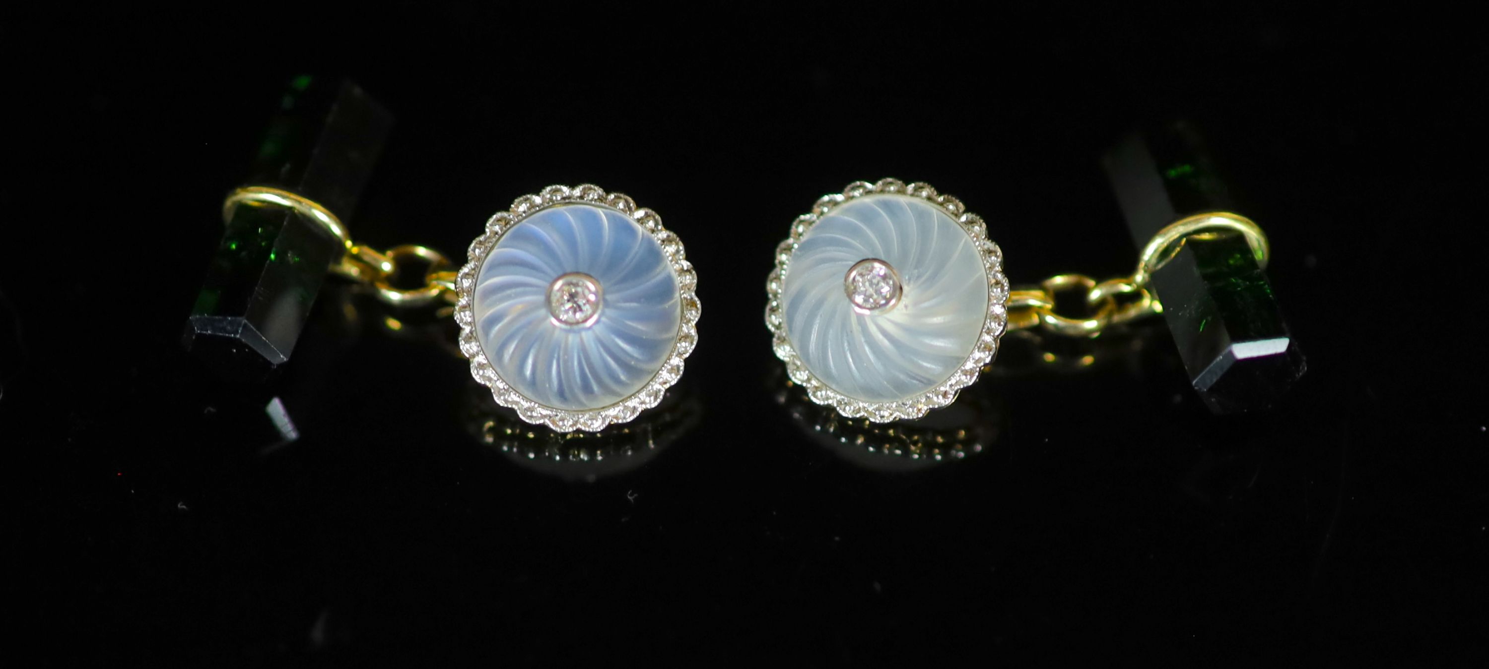 A pair of early 20th century gold, moonstone, diamond and tourmaline set cufflinks
